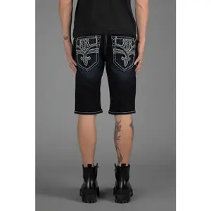 rr Menswear Mid-Length Stretch Denim Shorts - Embroidery Design, Leather Accent, Riveted Details