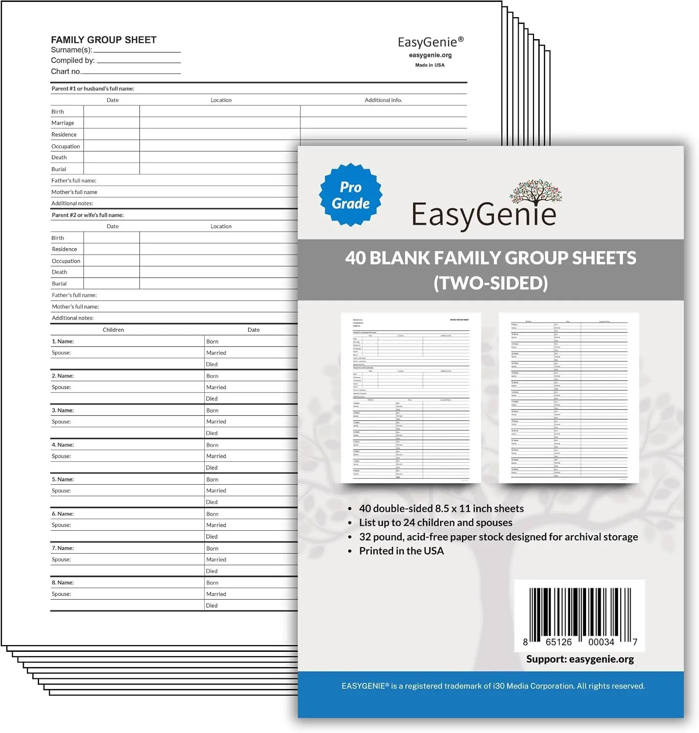 40 Genealogy Family Group Sheets, Room for 24 Kids, Archival | Forty genealogy sheets to record families with up to 24 children. Offset-printed on acid-free paper for durability.