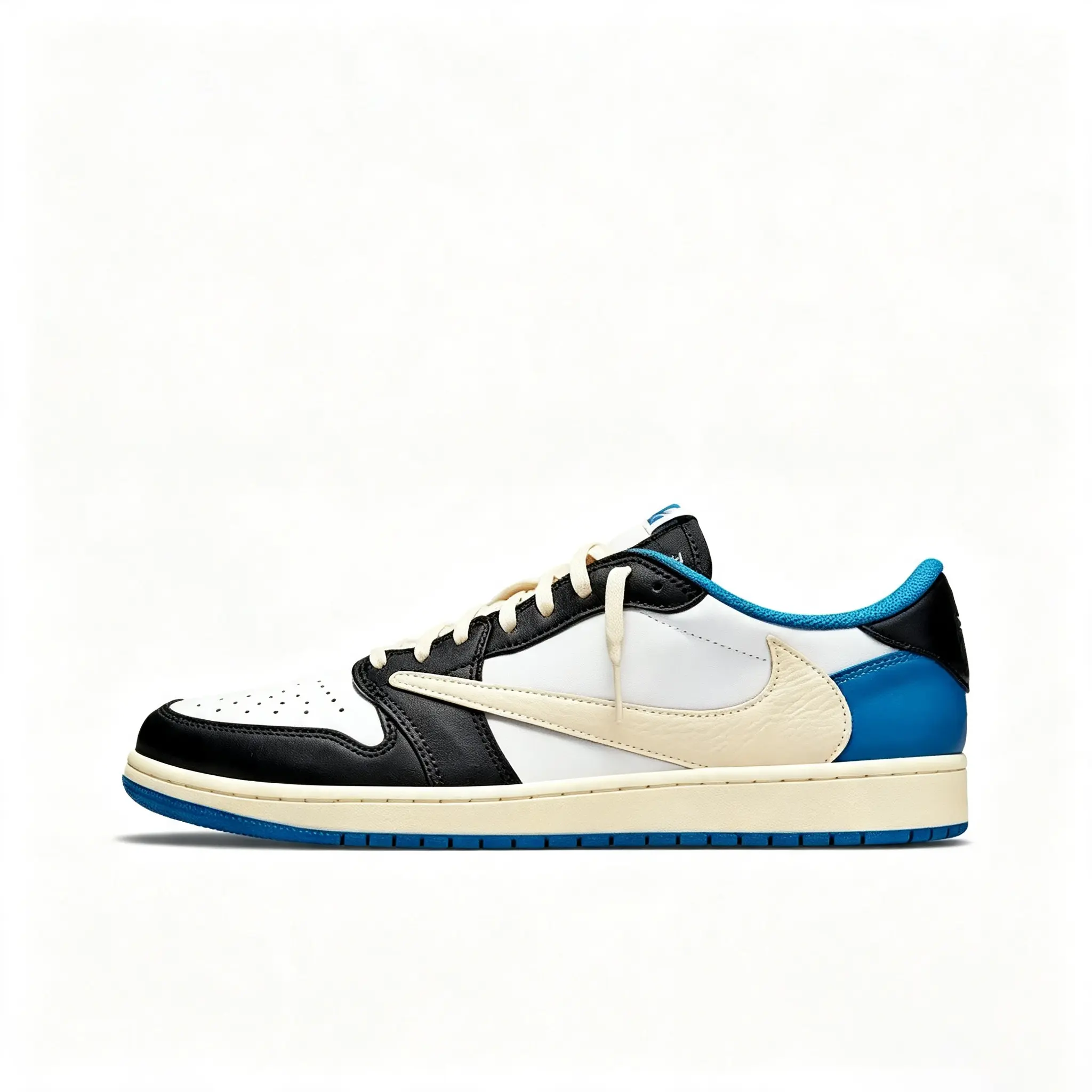 Black White & Royal Blue Low Top Sneakers, Vintage Cream Midsole, Retro Casual Skate Shoes for Men
