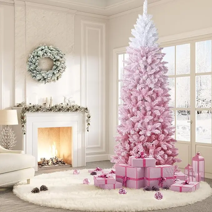 Pencil Christmas Tree Prelit, Purple Gradient Snow Flocked Holiday Decoration Xmas Tree  Color LED Lights Branch Tips, Includes Metal Stand