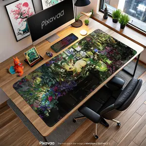 PKM Leafeon Botanical Anime Deskmat Terrarium with Flowers & Plants, Nature Mousepad Desk Mat