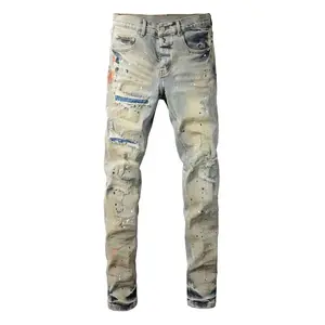 Y2K retro vintage vintage streetwear fashion designer's distressed patch fabric embroidered graffiti water painting splashed ink slim fit elastic men's denim small straight leg pants