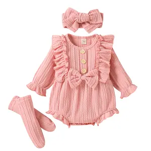 Newborn Baby Girls Outfit Long Sleeve Button Front Ruffle Romper Bodysuit Socks Headband 3Pcs Set Fall Winter Outfits