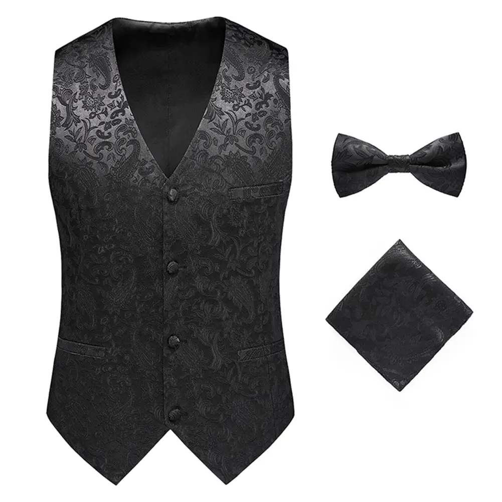 Fashion Vest for Men Paisley Jacquard Waistcoat Bow tie Pocket square Set Wedding 3PCS