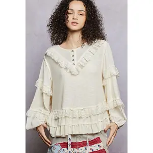 Quinn Cream Ribbed Ruffle Top