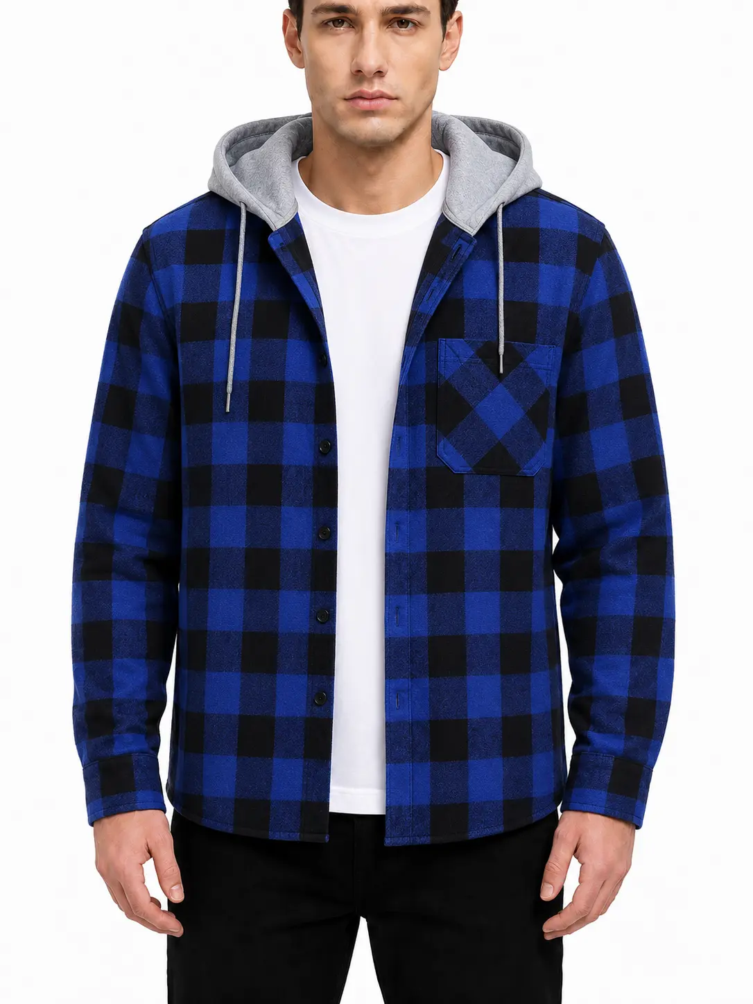 Men's Flannel Hoodie Shirts Button Down Long Sleeve Casual Stylish Plaid Hooded Shirt with Pocket