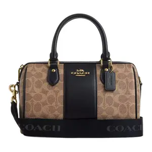 Coach Rowan 25 Medium Shoulder Bag With Metal Logo Zipper And Coated Canvas In Tan And Black For Women