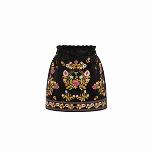 Cider Velvet Mid Rise Floral Embroidered Lettuce Trim Elastic Waist Mini Skirt