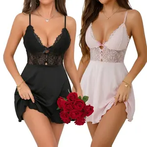 FEITAI Women's Sexy Lingerie Lace Satin Robe Dress Babydoll Underwear Sleepwear Womenswear Loungewear Sleeveless Fit