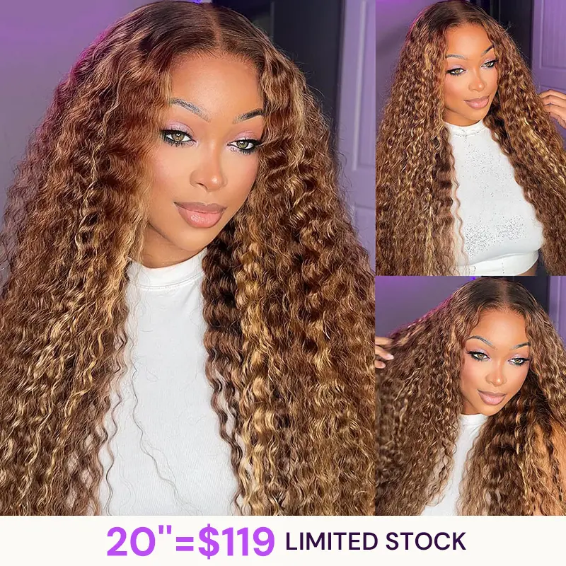 【20''=$119】 Megalook 13x6 Three-Go Glueless Wigs Honey Blonde Highlight Burmese Curly / Natural Black Human Hair Wigs 180% Density