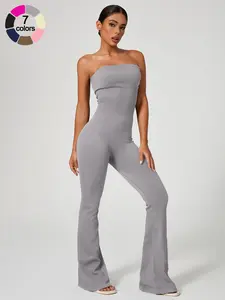 Women's One-Piece Bell Bottom Jumpsuit with Removable Padding, Adjustable Waist, Elastic Fit, Hidden Calf Modelling, Long Leg Lines