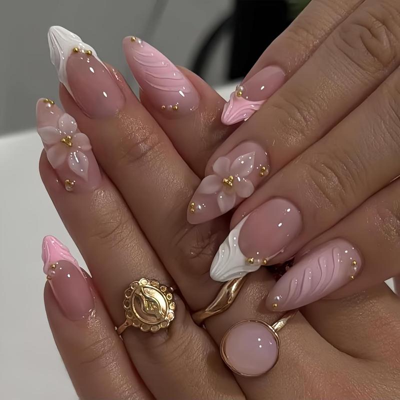 3D Pink Press on Nails Almond - Medium French Tip Fake Nails with Embossed Flower Gold Bead Designs Glossy Finish Reusable False Nails with Glue Tabs 24Pcs Nail Kit Glue on Nails for Women Manicure
