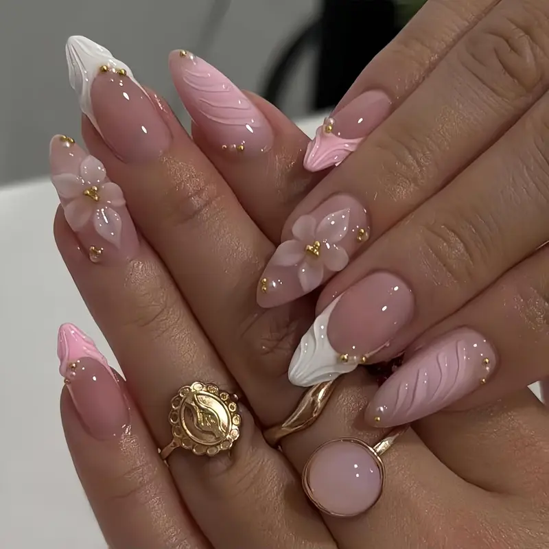 3D Pink Press on Nails Almond - Medium French Tip Fake Nails with Embossed Flower Gold Bead Designs Glossy Finish Reusable False Nails with Glue Tabs 24Pcs Nail Kit Glue on Nails for Women Manicure