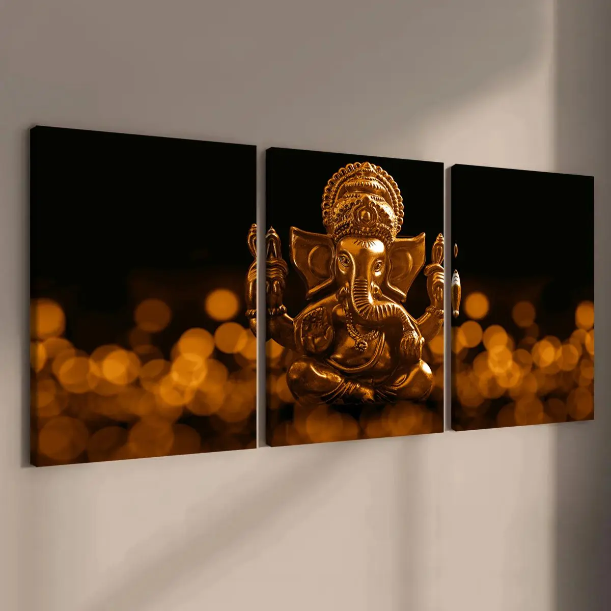3 Counts Wooden Framed Canvas, Solemn Golden Ganesha Sculpture Poster, Fashion Living Room Decoration, Modern Art, Perfect Home Poster, Wall Art Murals, Apartment Dormitory, High Definition, Waterproof, Art