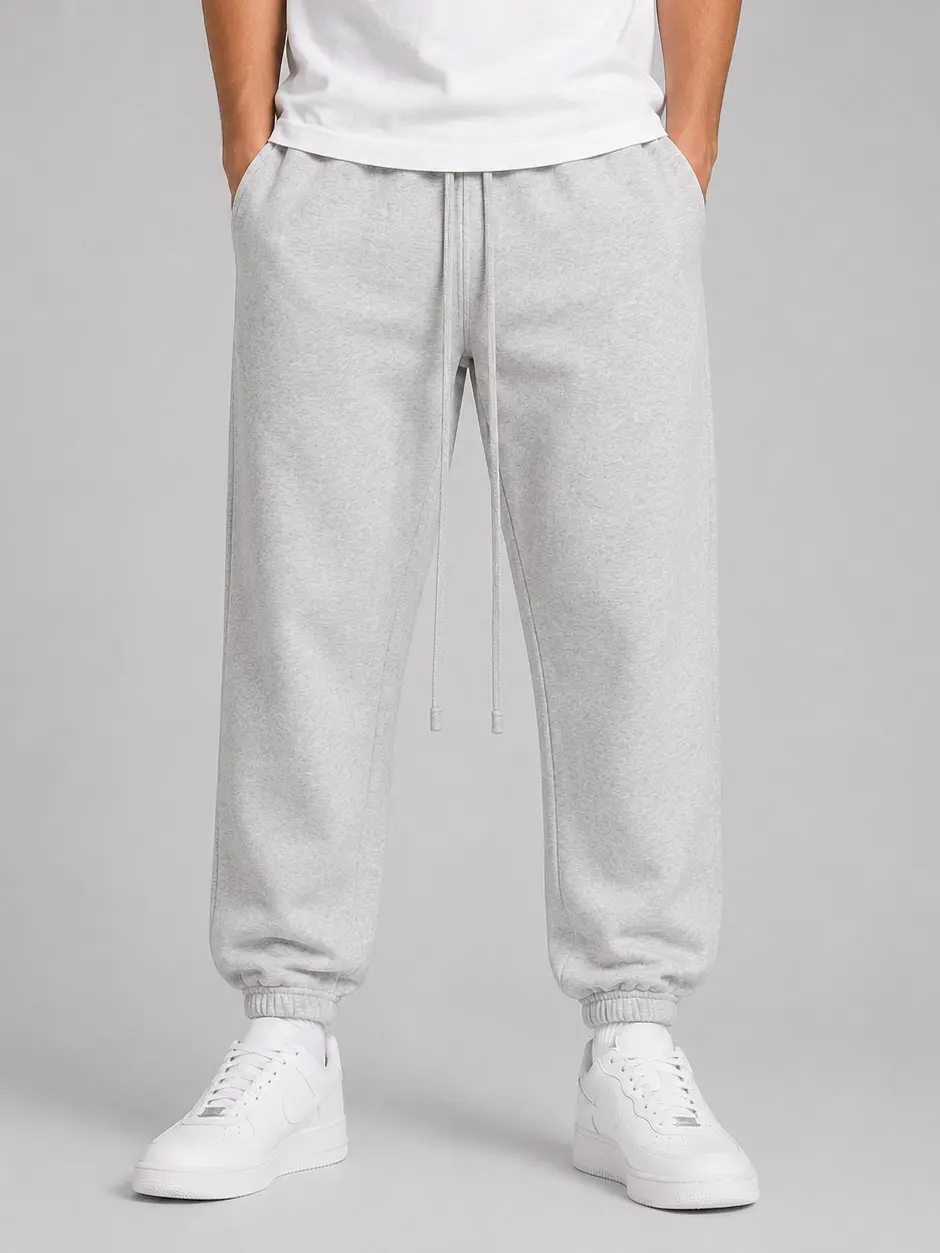 Men's Oversized Light Gray Fleece Sweatpants, Casual Relaxed Fit Jogger Pants with Drawstring Elastic Waist & Side Pockets, Solid Color Gym Lounge Streetwear Pants
