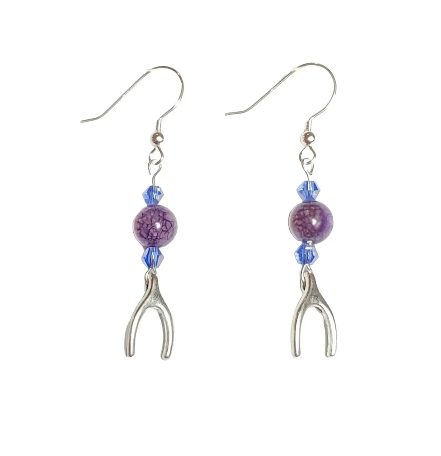 Wishbone Earrings with Purple Crazy Lace with Sterling Silver Hooks