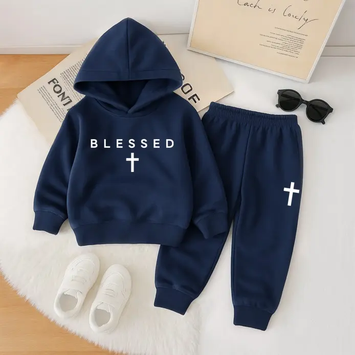 Unisex Blessed Print Hoodie Tracksuit Set, Fleece-Lined Sweatshirt & Joggers, Fall & Winter Casual Outfit for Indoor & Outdoor Wear