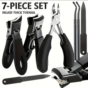 7-piece stainless steel nail tool set - heavy-duty nail clippers, dead skin pliers and trimming scissors with nail files - Classic black handles, suitable for men, women and the elderly, Beginner Manicure Kit