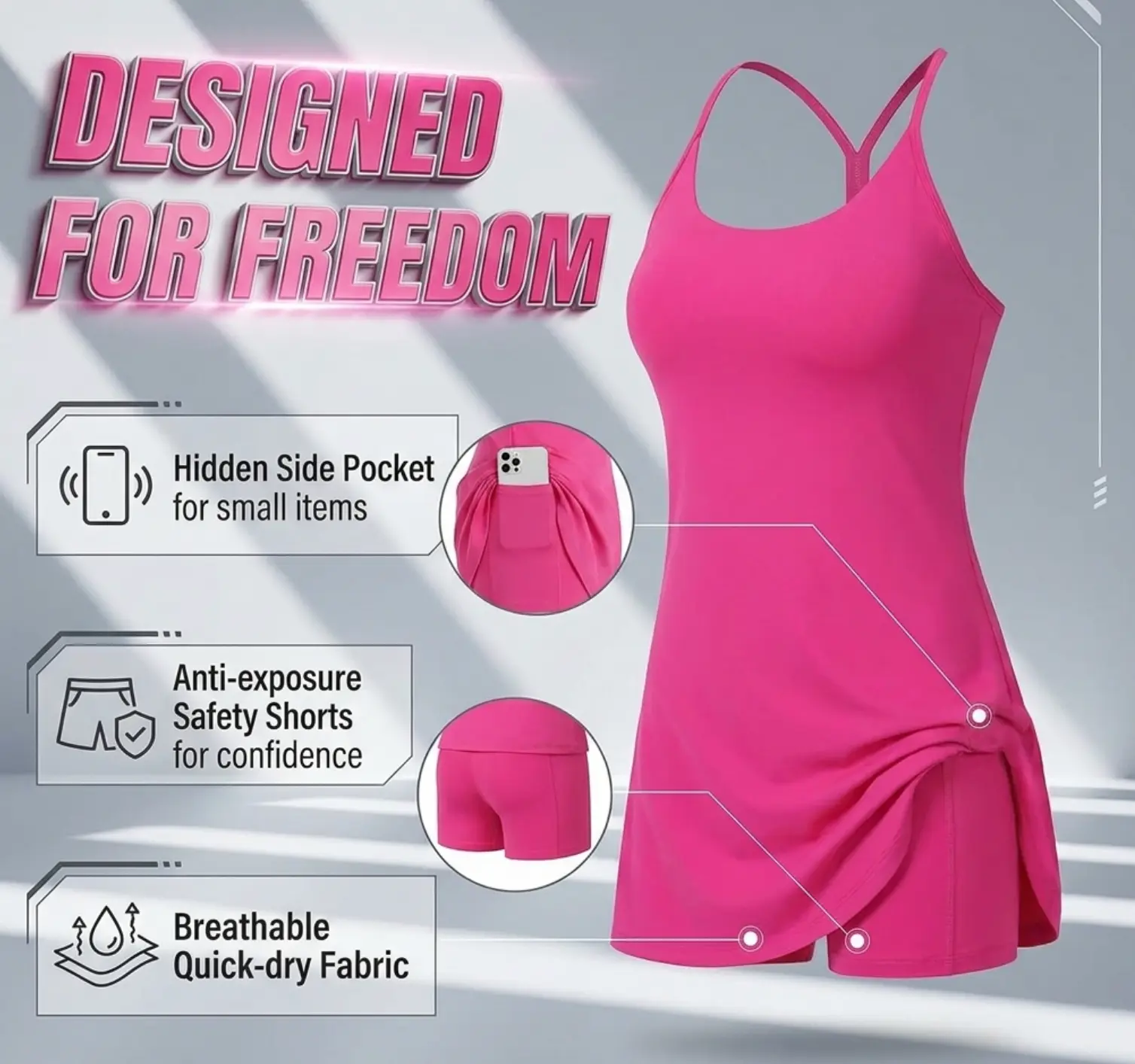 Women's Solid Workout Athletic Dress, Sleeveless Tennis Outfit with Built-in Shorts, Removable Pads, and Side Pockets, Solid Sports Dress, Workout Athletic Dresses