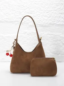 Melamine Suede Women's Shoulder Bag with Underarm Carry, Vintage Crescent Tote Bag, Fall/Winter Shoulder Bag, Cherry Pendant Accessory, Ideal for Daily Commutes or Family Outings, Handbag Shoulder Purse