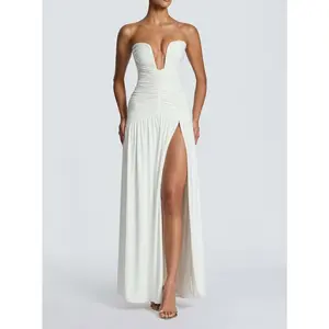 Women's Strapless Deep V Ruched Maxi Dress, High Slit Formal Evening Gown, Elegant Bodycon Party Dress