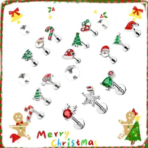 Oufer Christmas 16G 3PCS Internally Threaded Epoxy AAA+ Grade CZ Christmas Santa Rudolph Tree Hat Star Labret Lip Piercing Ring Cartilage Piercing Flat Back Rings 316L Stainless Steel Unisex Jewelry