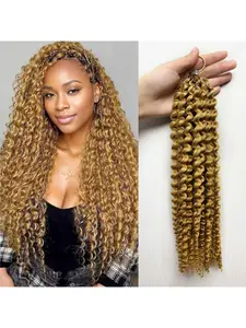 Blonde Hair Extensions Fullness Deep Wave Curly Crochet Hair For Braiding Micro Twist Reusable Honey Blonde Feather Crochet Human Hair Bundles with Knotless Strings 60g 16inch