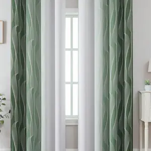2 pieces of gradient green wave-patterned digital printed decorative perforated curtains. Semi-transparent for privacy protection, fade-resistant. Washable by hand and machine. Suitable for bedroom and living room decoration.