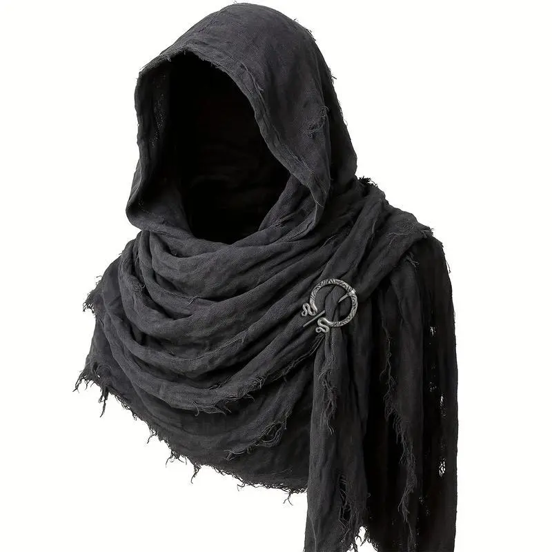 Hooded Gothic Cloak Scarf with Viking Brooch, Medieval Renaissance Shawl Cape for Men Women, Dark Aesthetic Tattered Hood Wrap for Halloween Cosplay Streetwear Festival Outfit