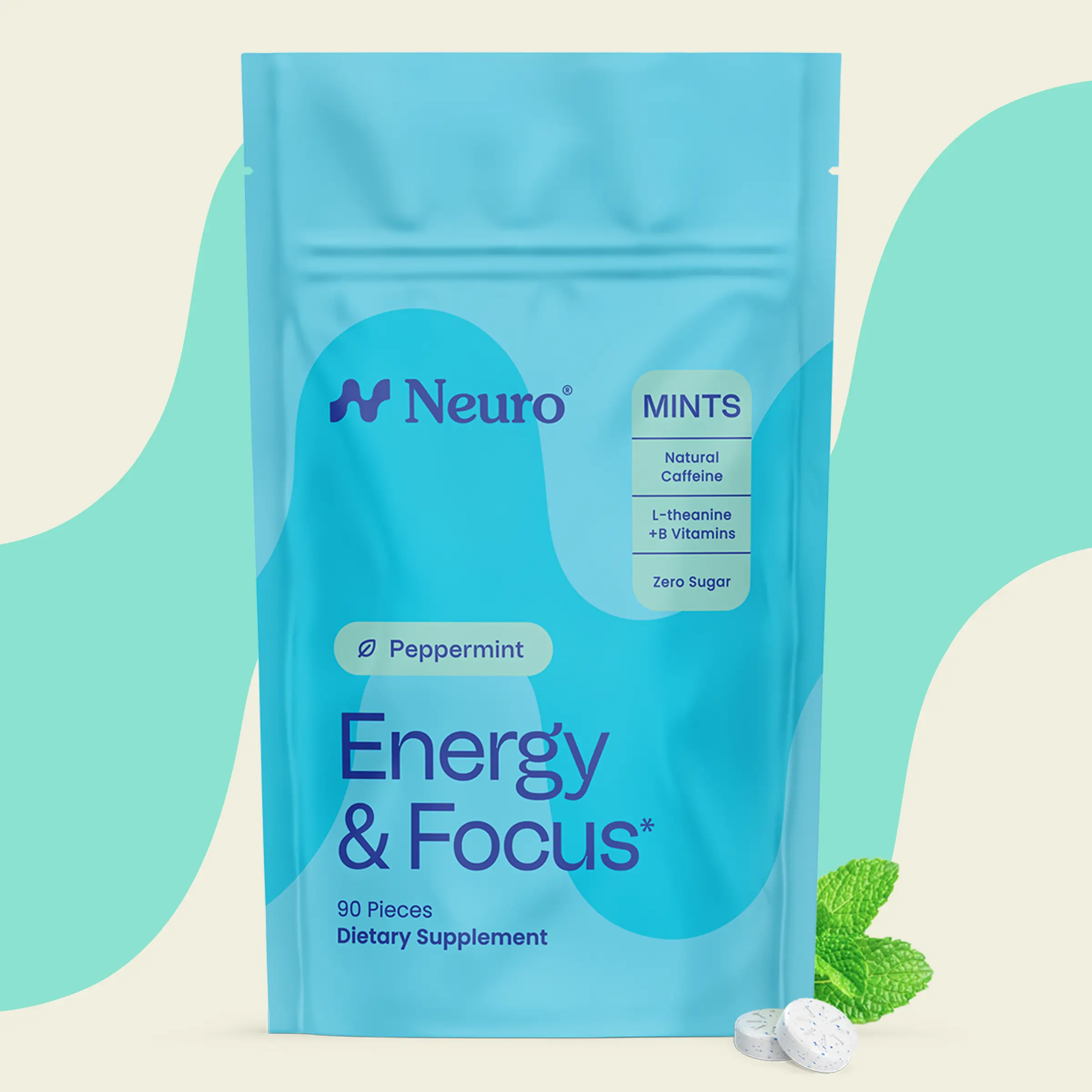 Neuro Peppermint Energy & Focus Mints (90 Pieces) - Sugar Free with Natural Caffeine, L-theanine, Vitamin B12 & Vitamin B6