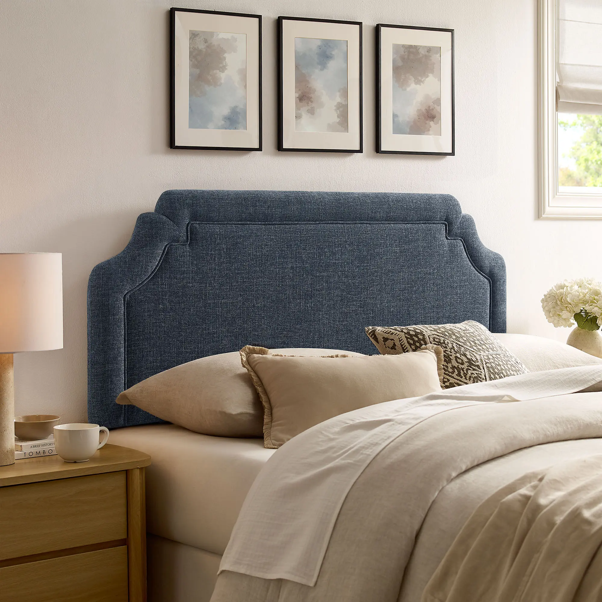 Magnolia Upholstered Fabric Full Size Headboard in Slate Blue Magnolia Upholstered Fabric Full Size Headboard in Slate Blue