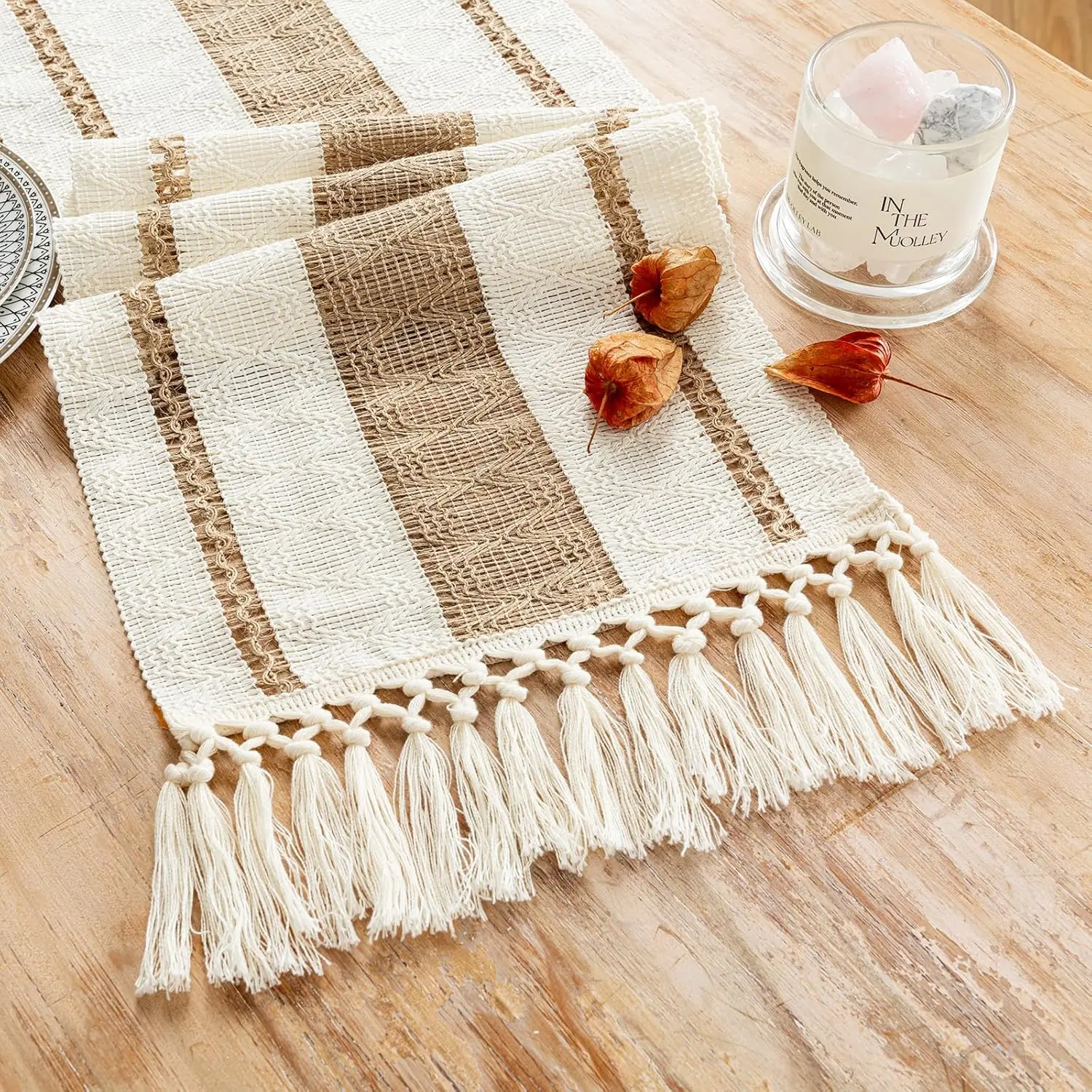 Boho Chic Aesthetic 1-Piece Natural Burlap Fiber Hand-Woven Fabric Runner - 75x12 in, No Assembly Required, Rustic Farmhouse Accent for Thanksgiving Fall Living Room Pottery Barn Furniture Holiday Decor