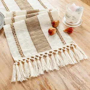 Boho Table Runner for Thanksgiving Fall Christmas Home Decor with Tassels 75 Inches Long Pottery barn Furniture Farmhouse Rustic Macrame Burlap Table Decoration for Living Room (12x75 Inches)
