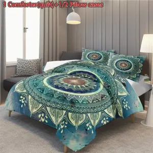 Bohemian Mandala Floral Quilt Set, Soft Skin-Friendly Breathable Polyester Fabric, Comfortable Bedding for Bedroom and Guest Room