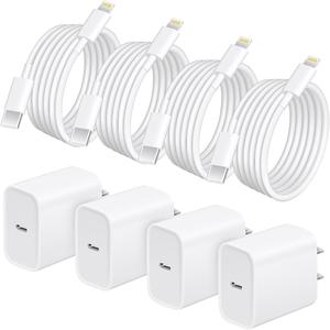 6FT Super Fast Charging 4-Pack Type-C Wall Charger Block with 4-Pack USB-C to Lightning Cable for iPhone 14/13/12 AirPods Pro Mobile Smartphone Device Cellphone