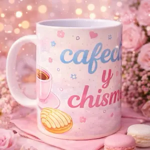Café y Chisme Mugs - Pink Floral Design with Macarons and Cookies - Perfect for Coffee Lovers