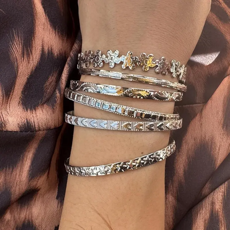 Boho Vintage Flower Heart Star Geometric Open Metal Bangles Set, Boho Style Bracelet Fashion Design Women Casual Party Vacation Personalized Bracelets Stackable Bracelet Stacking Bracelet Bohemian Bracelets Bracelet Sets