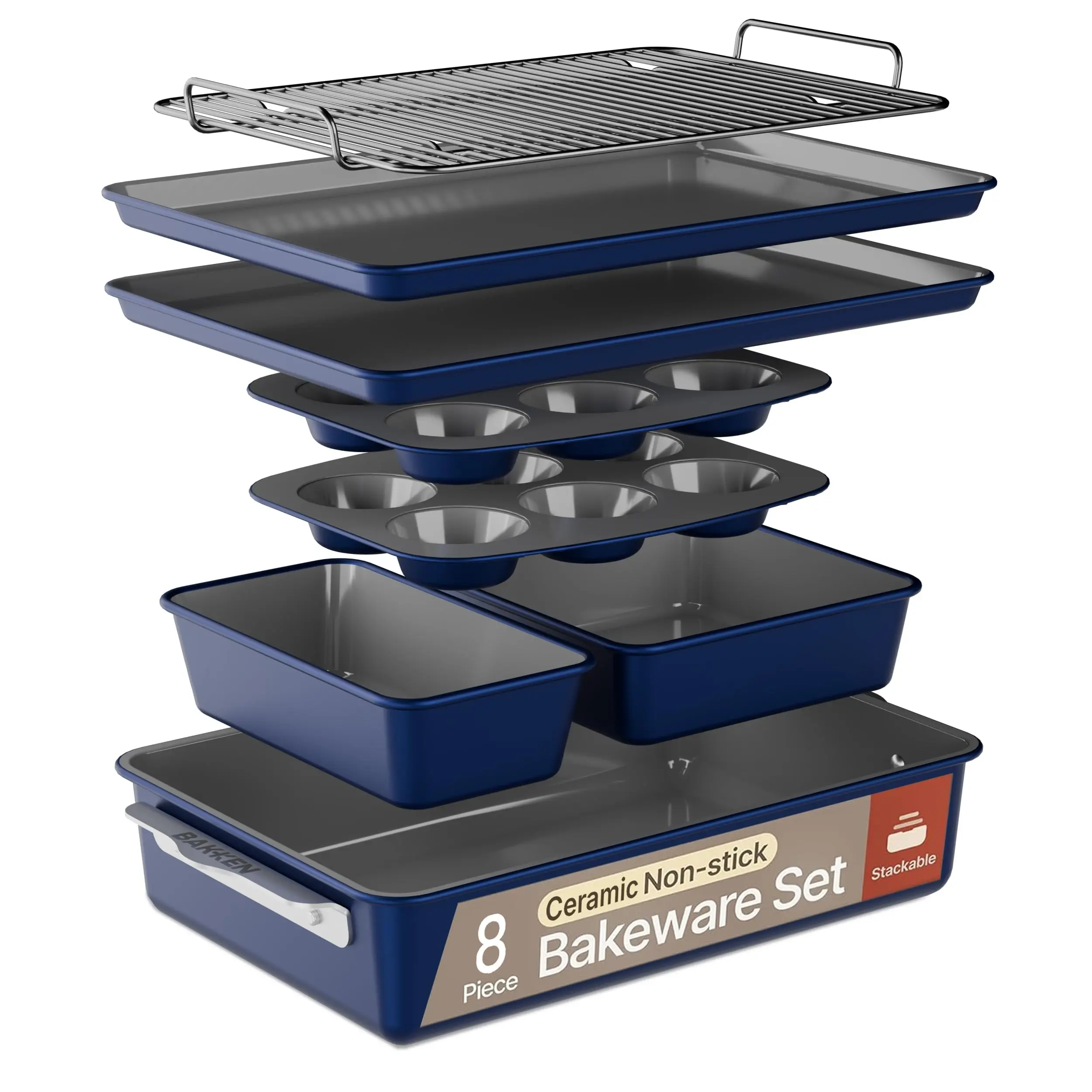 Bakken 8-Piece Ceramic Coated Bakeware Sets, Nonstick Aluminized Steel Pans with Muffin, Loaf, Cake, Roasting Pan, & Cooling Rack, Oven Safe Up To 500°F, Dishwasher Safe, BPA, PTFE & PFAS Free, Handles, Kitchen