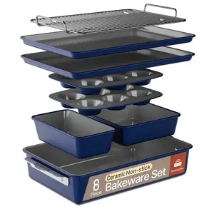 Bakken 8-Piece Ceramic Coated Bakeware Sets, Nonstick Aluminized Steel Pans with Muffin, Loaf, Cake, Roasting Pan, & Cooling Rack, Oven Safe Up To 500°F, Dishwasher Safe, BPA, PTFE & PFAS Free