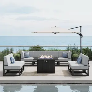 LayinSun Large Aluminum Patio Furniture Set with Fire Pit Table, 9-Piece Modern Outdoor Conversation Set Sectional Metal Sofa Set with Olefin Cushion