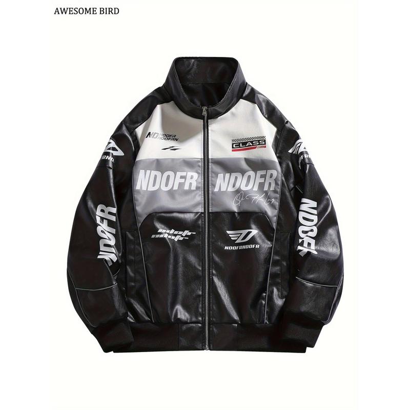 Men's PU Leather Racing Style Zip-up Jacket - Green and Black Color-block, Stand Collar and "HOOD FRENDS" Pattern Print, Casual Streetwear, Casual Clothing, Daily Jacket | Modern Casual Jacket | Smooth Leather Jacket