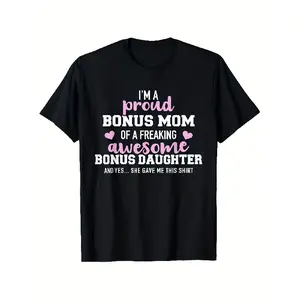 Women'S Bonus Mom T-Shirt |   Funny Step Mom Gift - Black Shirt with Pink Lettering - Crew Neck Casual Tee - Bonus Daughter Birthday Mother'S Day Present - Machine Washable Family Apparel, Sentimental Vintage Style