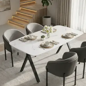 Modern Marble - Textured Tempered Glass Dining Table. Rectangular for Kitchens & Restaurants. Metal legs. 2 color choices. Set of 4 PU leather chairs sold separately.