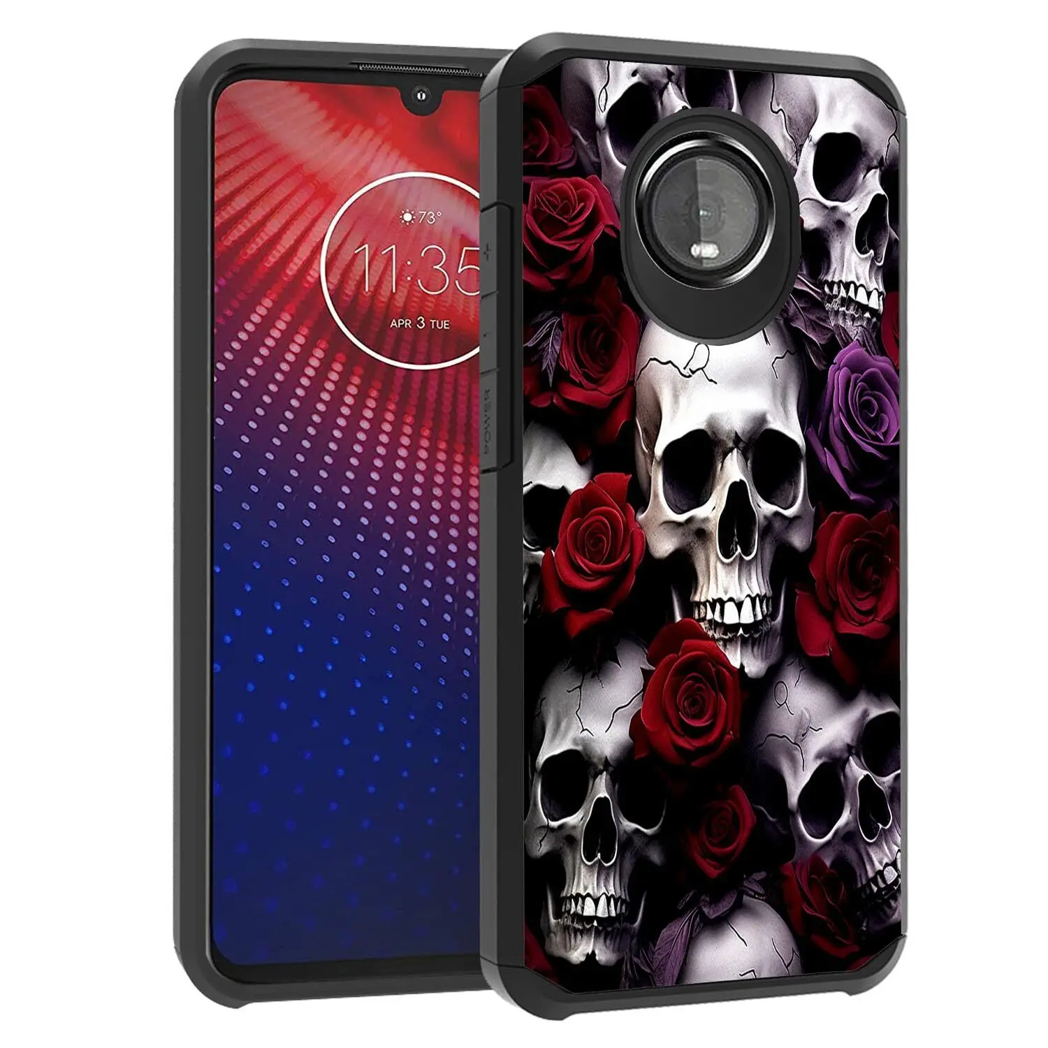ZXHSBROK Moto Z4 / Moto Z4 Play Case Heavy Duty 2 in 1 Dual Layer Hybrid Hard PC & Soft Silicone Shockproof Protection Case for Motorola Moto Z4 Skull Red Rose
