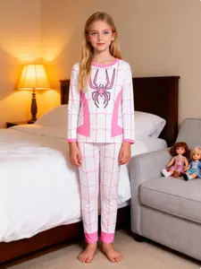 Girls' Spider Print Pajamas Set, Breathable Comfort Long Sleeve & Pants, Casual Fall&winter Sleepwear, Cute Princess