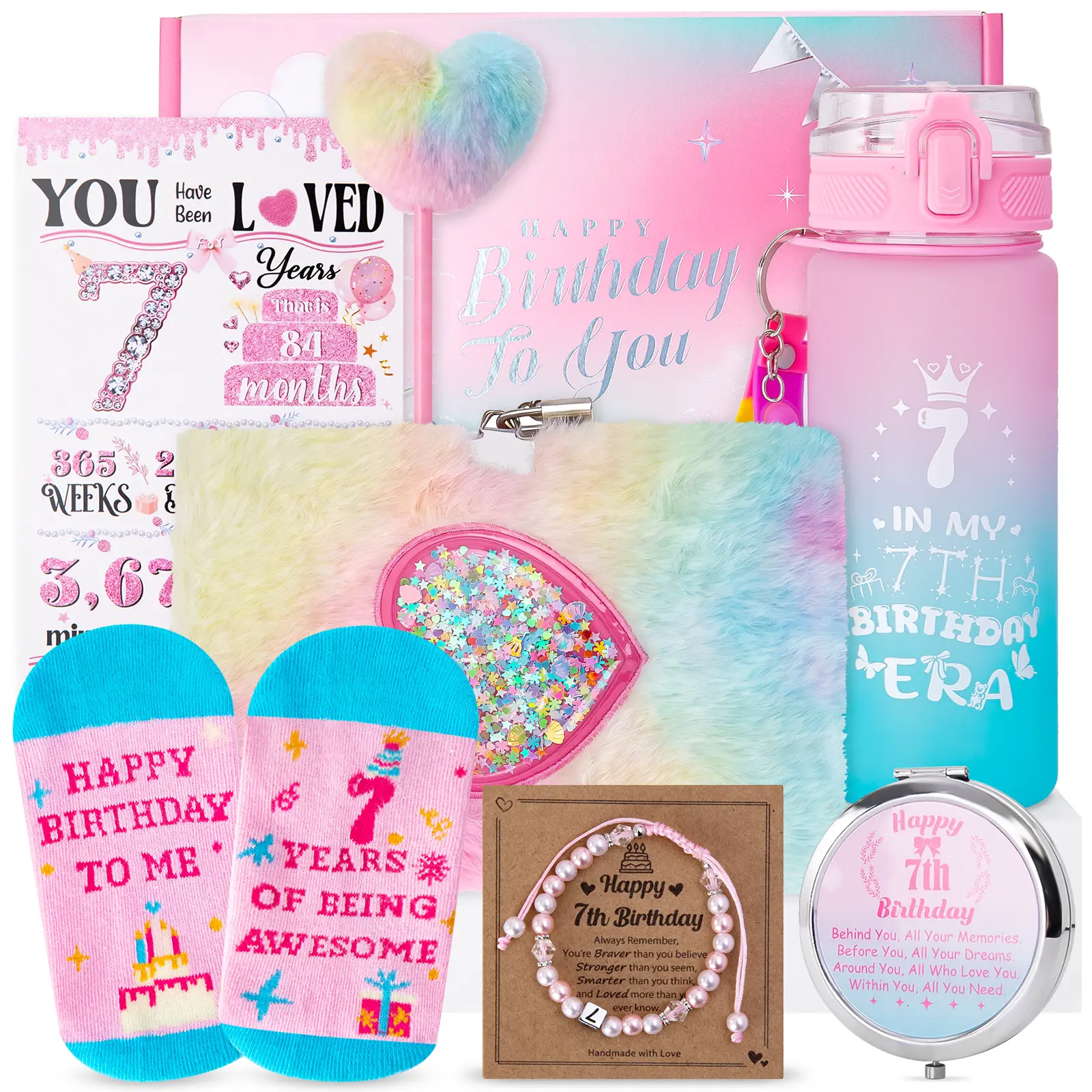 Biching 7 Year Old Girl Gifts, Happy 7th Birthday Gifts for Girls, Unique Presents for 7 Year Old Girls, Daughter, Granddaughter, Niece, Sister, with 20oz Water Bottle Bracelet Socks Card Elegant Gift Box
