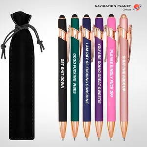 NSFW Profanity Pen Set — 6-Pack Metal Stylus Ballpoint Pens With Pen Pouch, Swear Word Quotes, Funny Adult Gag Gifts, Retractable Smooth Black Ink, Rose Gold Clip, Office Desk Supplies