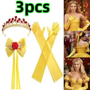3 piece Women Dress Up Party Costume Accessories Princess Rose Crown Tiara Hair Bow Yellow Gloves for Birthday, Halloween, Cosplay Beauty & Personal Care