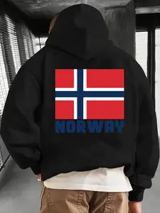 Men's Fleece-Lined Hoodie - "NORWAY" Print, Back Print + Chest Badge Print Design, Minimalist & Stylish, Kangaroo Pocket, Soft & Comfortable Fabric, Autumn/Winter Men's Hooded Sweatshirt