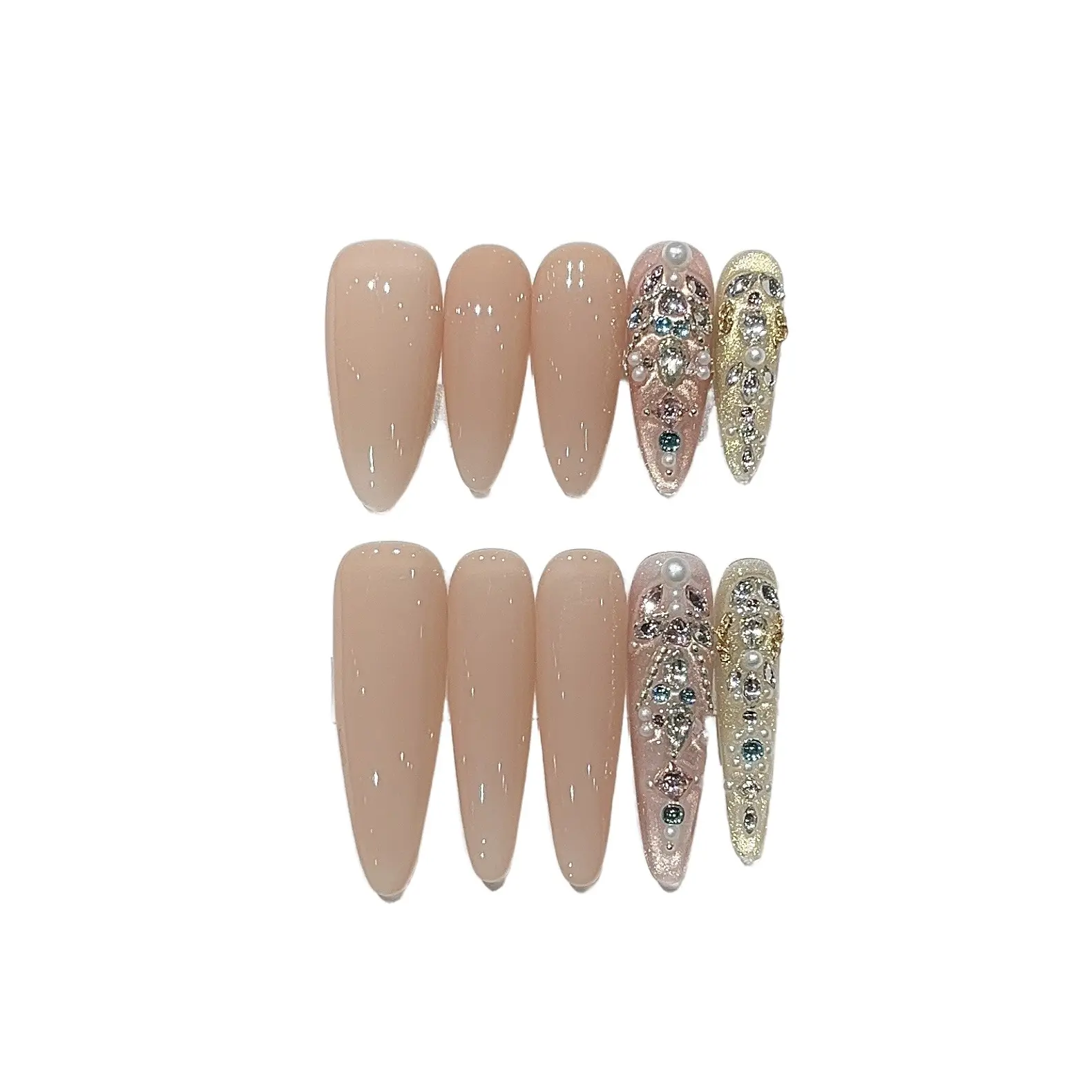 Press-on Prosthetic Fingers with Nails - yzg-2045-Long Almond Shaped, Glossy Unisex, Hand-Carved Pearl-Colored Zircon, Nude Water-Glow Gradient Halo, Removable Reusable Acrylic Plastic Manicure Patches (Beauty & Personal Care Nail Art Accessory)